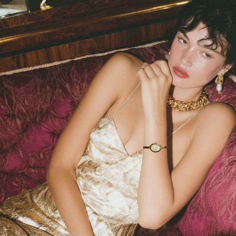 Woman in a gold dress sitting on a plush couch with a glass of wine.