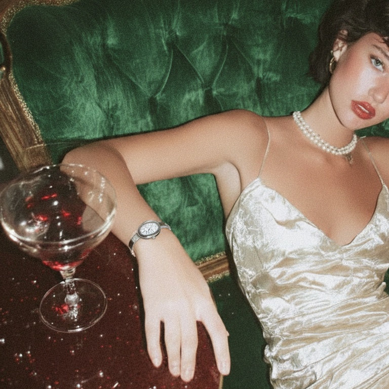 Woman in a white dress sitting on a green velvet couch with a glass of red wine.