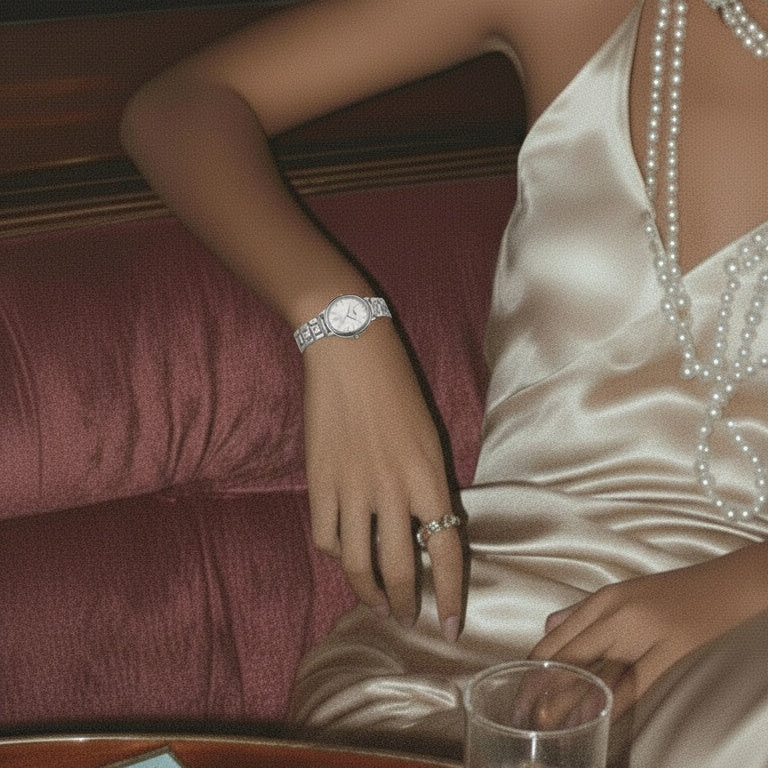 Woman in a satin dress with jewelry sitting on a couch next to a glass of whiskey.