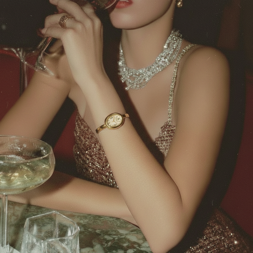 Woman in a sparkling dress holding a glass of wine, wearing jewelry and a watch.