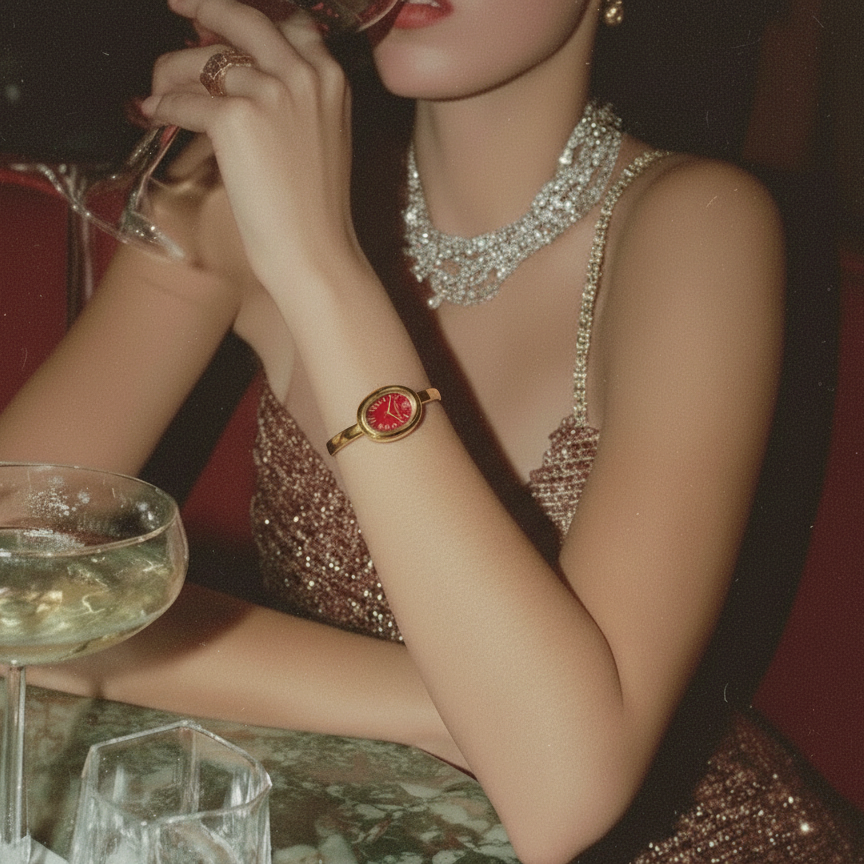 Woman in a sparkling dress with jewelry, holding a glass of wine in a dimly lit setting.